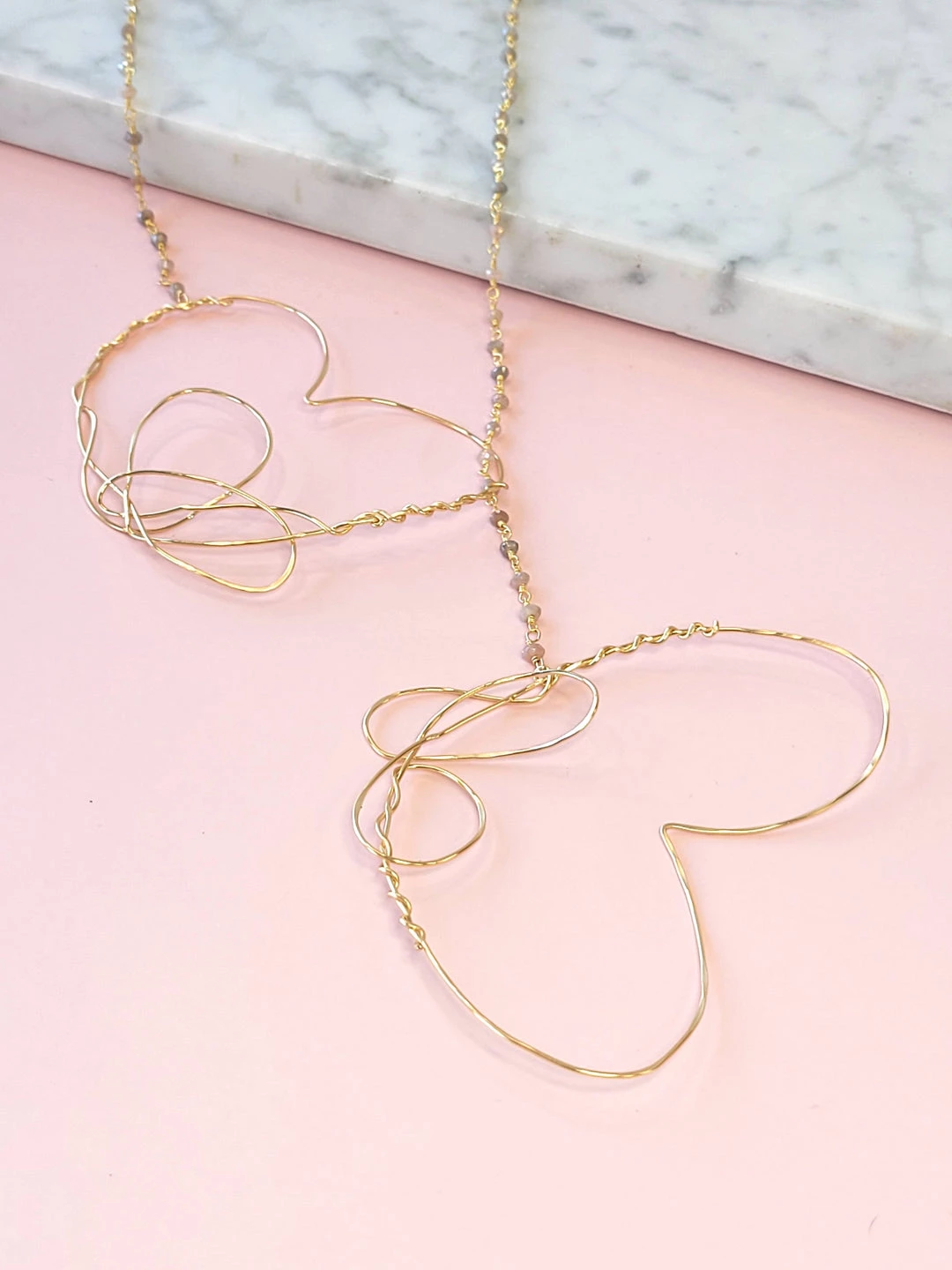 Hot Sale ๐ A Blonde and Her Bag Jewelry ๐ฉ women Lariat Necklace in Peach Moonstone with Gold Hearts โญ - Image 2