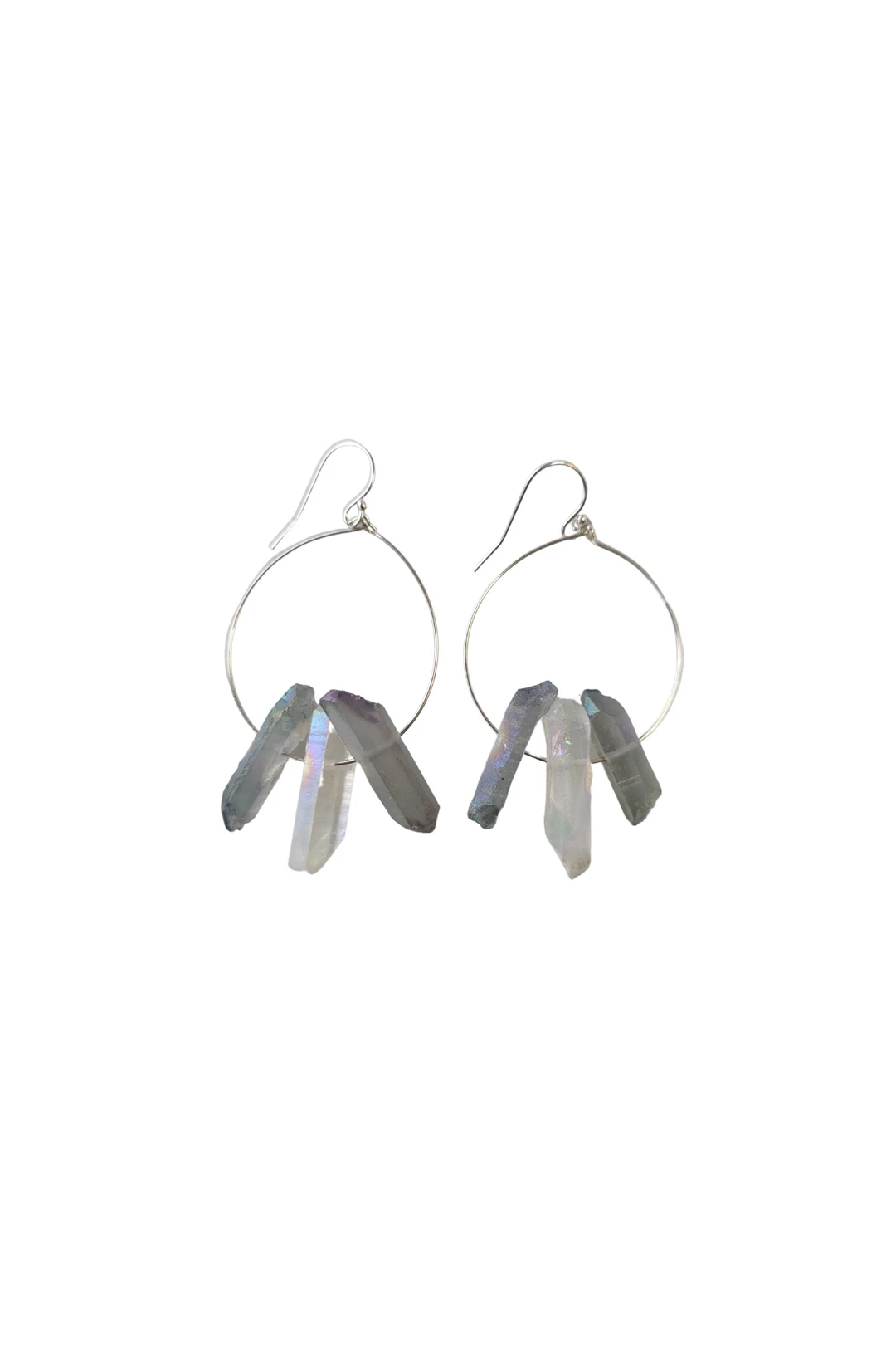 Outlet β€οΈ A Blonde and Her Bag Jewelry π© women Silver Hoop Dangle Earring with Three Raw Quartz Crystals in Mystic Grey and Rainbow Quartz π