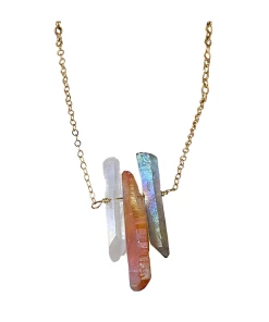Best deal 💯 A Blonde and Her Bag Jewelry 👩 women Three Raw Quartz Crystal Pendant Necklace with Mystic Grey, Rainbow and Peach Quartz in Gold 😀