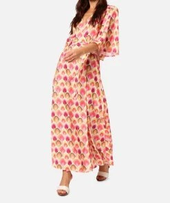 Buy 👏 Traffic People 👩 women Wickham Bell Sleeve Maxi Wrap 👗 Dress in Pink ❤️