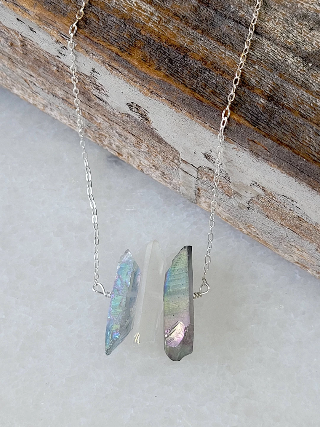 Deals π A Blonde and Her Bag Jewelry π© women Three Raw Quartz Crystal Pendant Necklace with Mystic Grey and Rainbow Quartz in Silver π₯° - Image 2