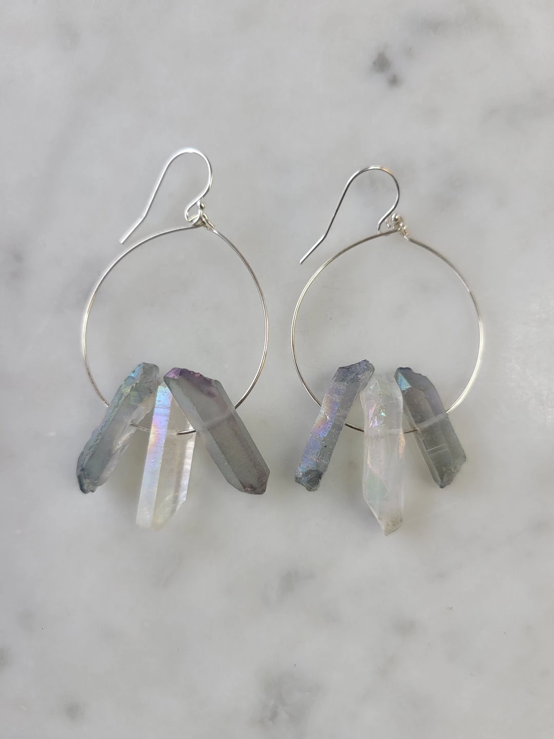 Outlet β€οΈ A Blonde and Her Bag Jewelry π© women Silver Hoop Dangle Earring with Three Raw Quartz Crystals in Mystic Grey and Rainbow Quartz π - Image 2
