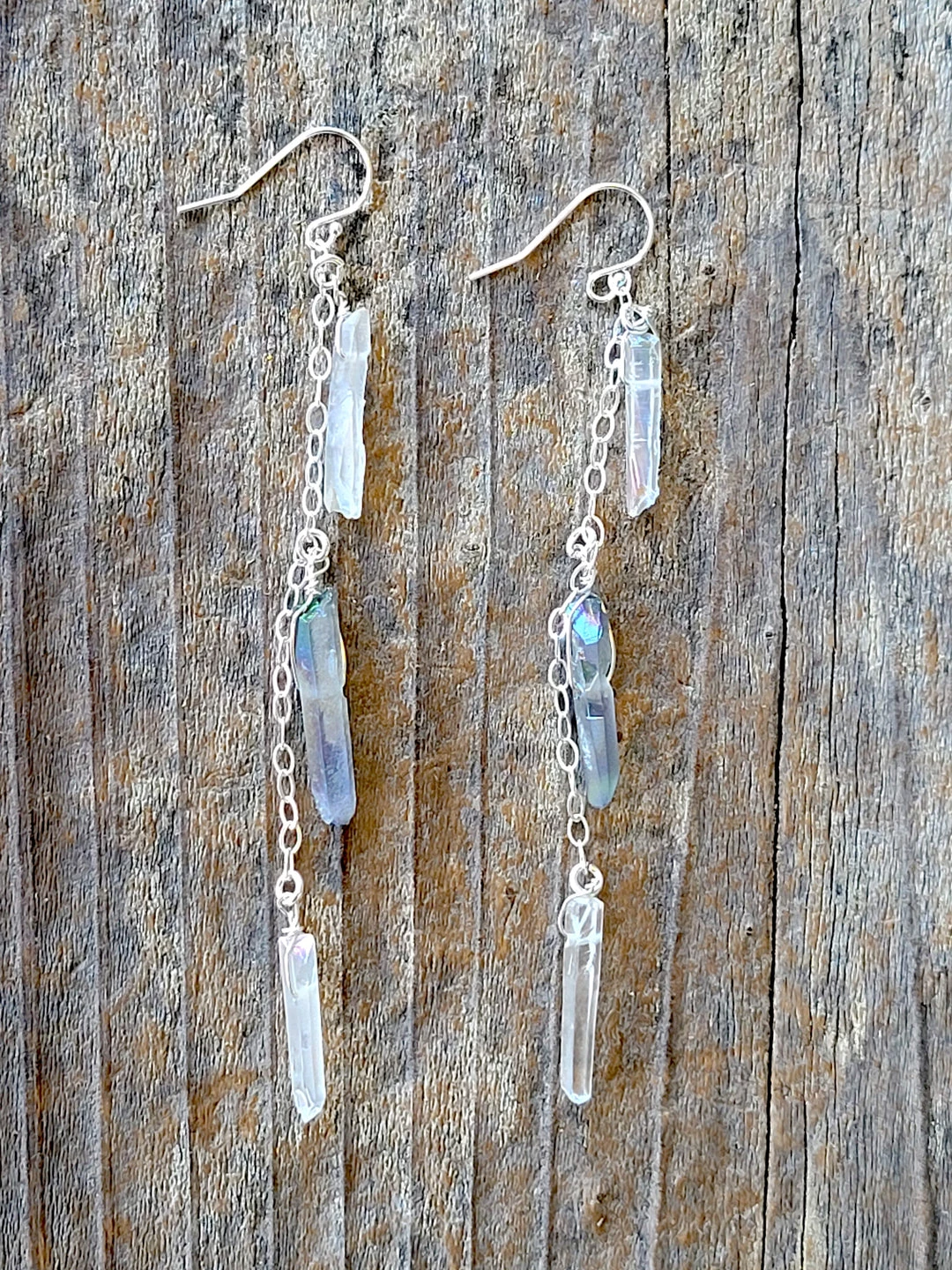 Top 10 π₯° A Blonde and Her Bag Jewelry π© women Delicate Silver Chain Earring with Three Raw Quartz Crystals in Mystic Grey and Rainbow Quartz β€οΈ - Image 2